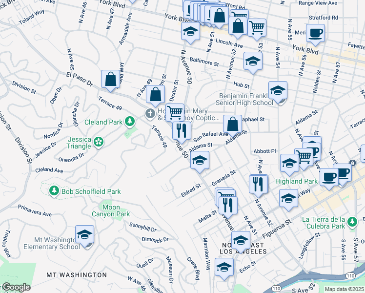 map of restaurants, bars, coffee shops, grocery stores, and more near 629 Milo Terrace in Los Angeles