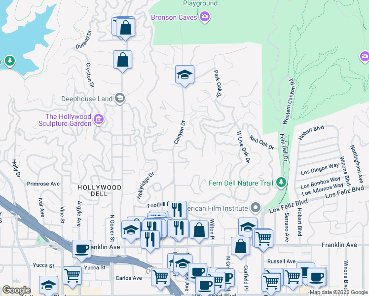 map of restaurants, bars, coffee shops, grocery stores, and more near 2293 Bronson Hill Drive in Los Angeles
