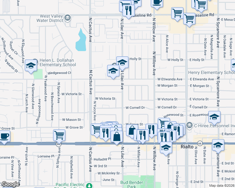 map of restaurants, bars, coffee shops, grocery stores, and more near 750 North Lilac Avenue in Rialto