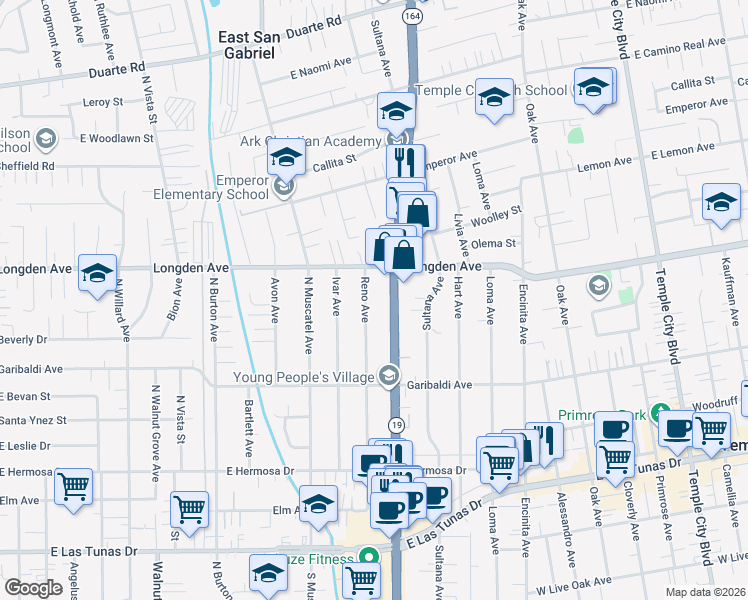 map of restaurants, bars, coffee shops, grocery stores, and more near 6271 Rosemead Boulevard in Temple City