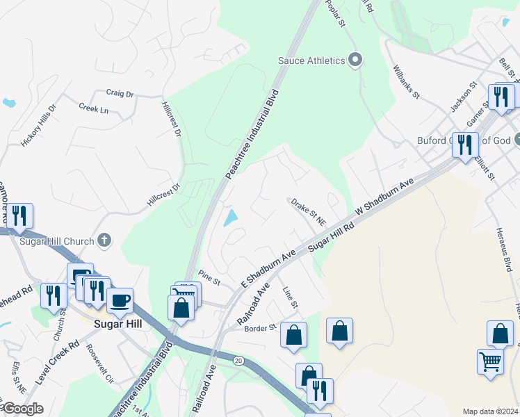 map of restaurants, bars, coffee shops, grocery stores, and more near 4861 Briarcliff Drive in Sugar Hill