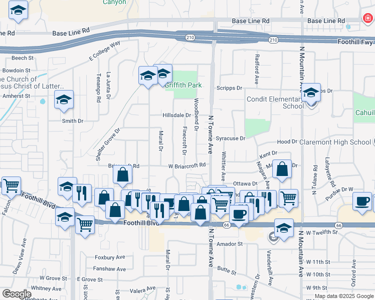 map of restaurants, bars, coffee shops, grocery stores, and more near 1566 Finecroft Drive in Claremont