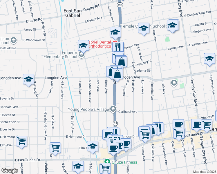 map of restaurants, bars, coffee shops, grocery stores, and more near 6236 Reno Avenue in Temple City