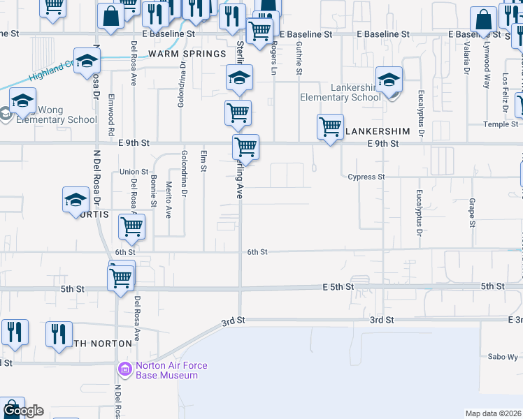 map of restaurants, bars, coffee shops, grocery stores, and more near 25761 7th Street in San Bernardino