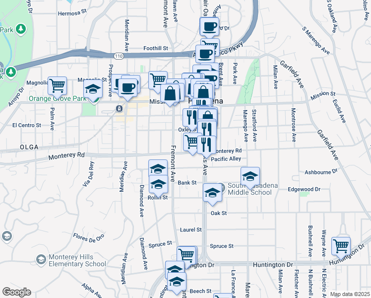 map of restaurants, bars, coffee shops, grocery stores, and more near 1125 Mound Avenue in South Pasadena