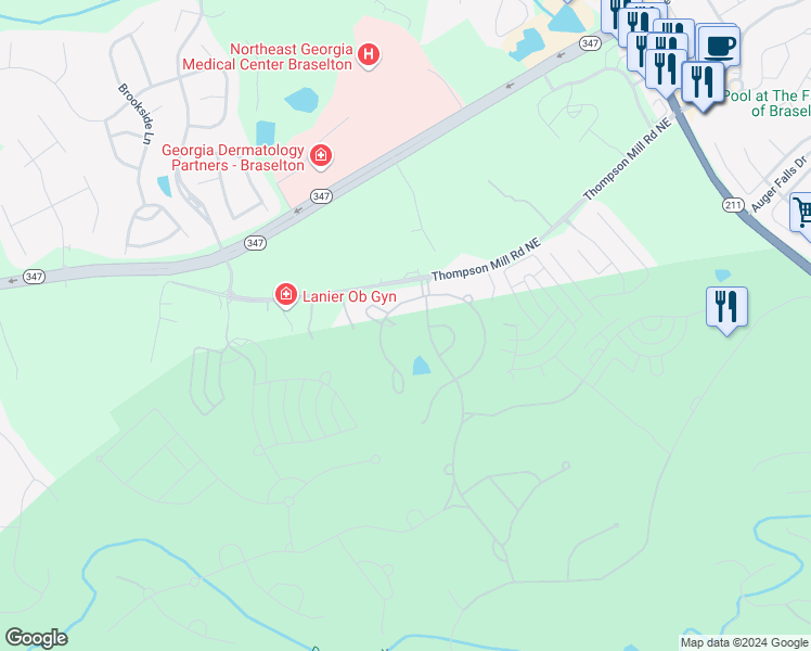 map of restaurants, bars, coffee shops, grocery stores, and more near 2770 Shumard Oak Drive in Braselton