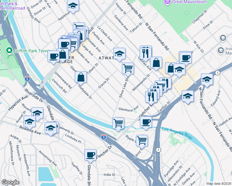 map of restaurants, bars, coffee shops, grocery stores, and more near 3220 Garden Avenue in Los Angeles