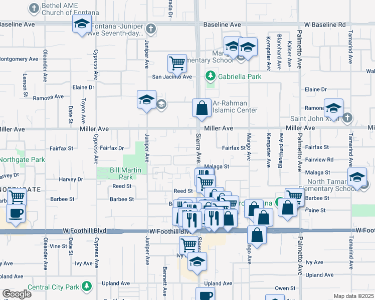 map of restaurants, bars, coffee shops, grocery stores, and more near 16861 Fairfax Street in Fontana