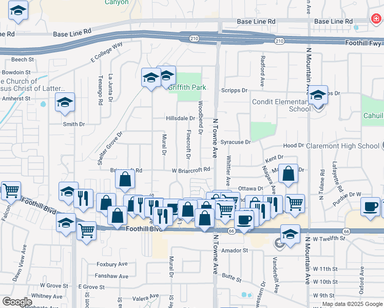 map of restaurants, bars, coffee shops, grocery stores, and more near 1566 Finecroft Drive in Claremont