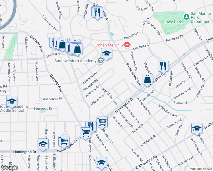 map of restaurants, bars, coffee shops, grocery stores, and more near 2070 La Cala Place in San Marino