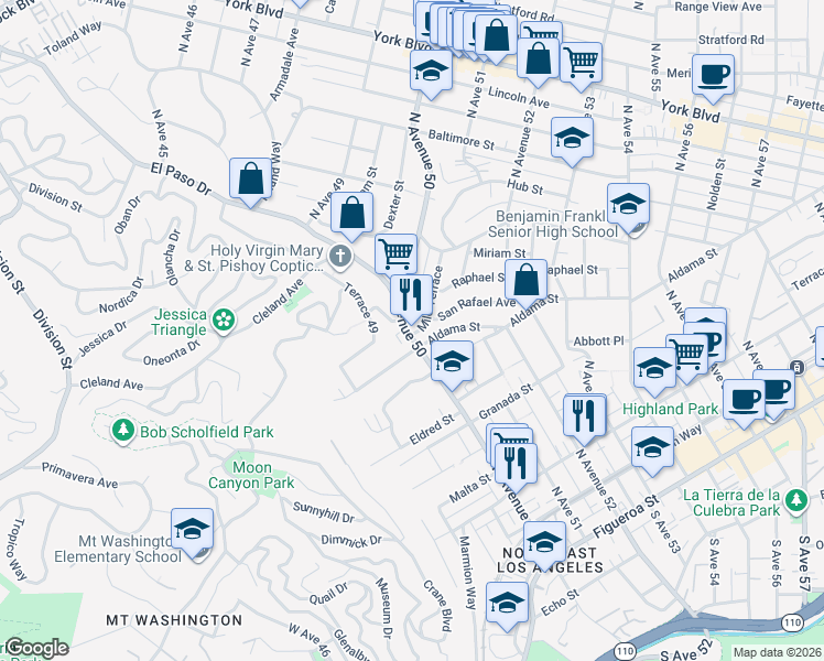 map of restaurants, bars, coffee shops, grocery stores, and more near 768 North Avenue 50 in Los Angeles