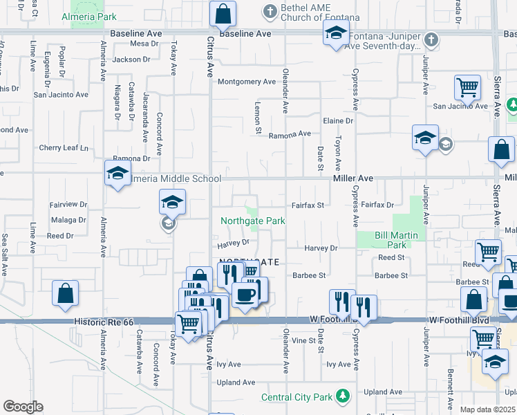 map of restaurants, bars, coffee shops, grocery stores, and more near 16149 Fairview Avenue in Fontana