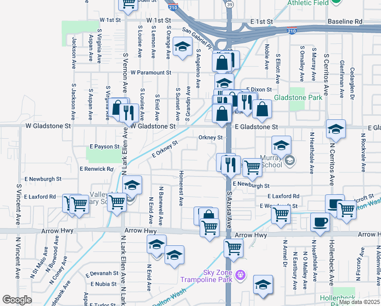 map of restaurants, bars, coffee shops, grocery stores, and more near 543 South Rue De Vallee in Azusa
