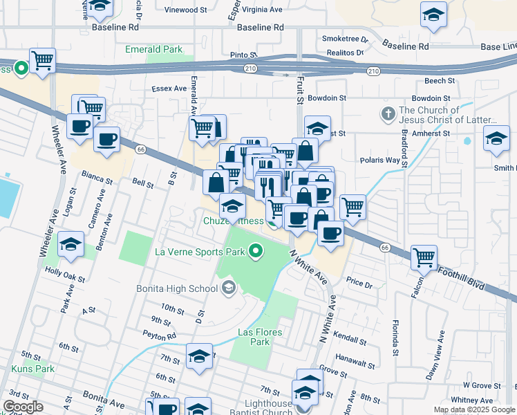 map of restaurants, bars, coffee shops, grocery stores, and more near 2175 Foothill Boulevard in La Verne