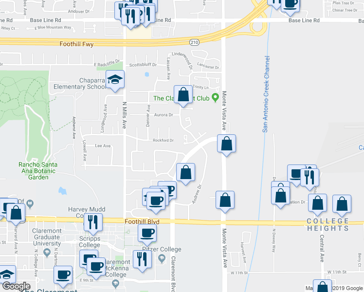 map of restaurants, bars, coffee shops, grocery stores, and more near 734 Stanislaus Circle in Claremont