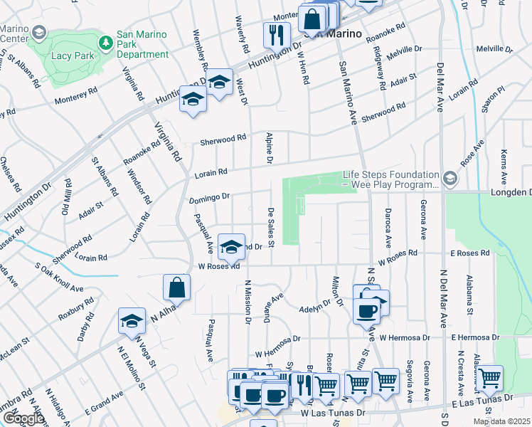 map of restaurants, bars, coffee shops, grocery stores, and more near 611 De Sales Street in San Gabriel