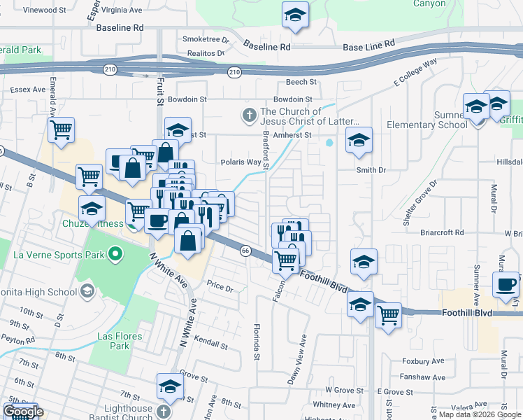 map of restaurants, bars, coffee shops, grocery stores, and more near 3945 Bradford Street in La Verne