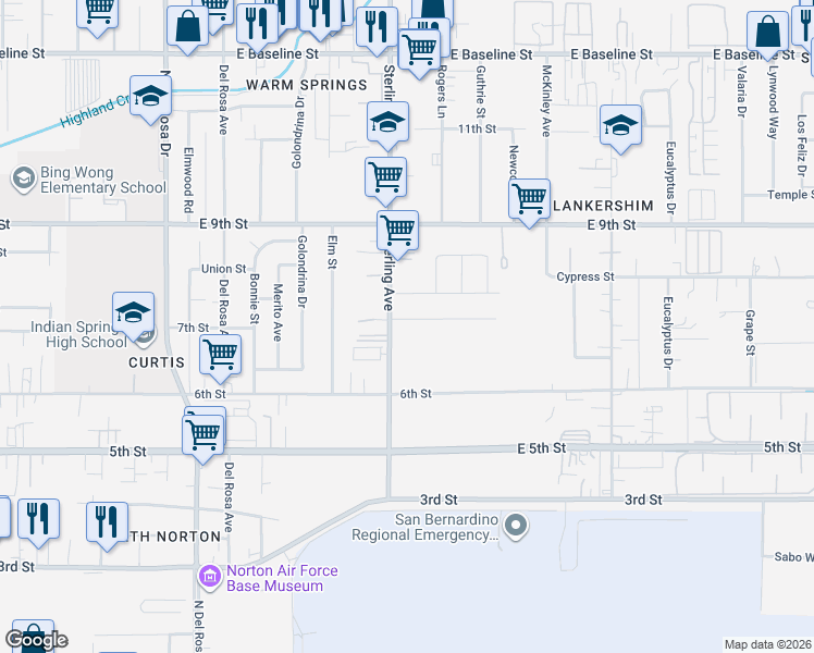 map of restaurants, bars, coffee shops, grocery stores, and more near 25730 7th Street in San Bernardino