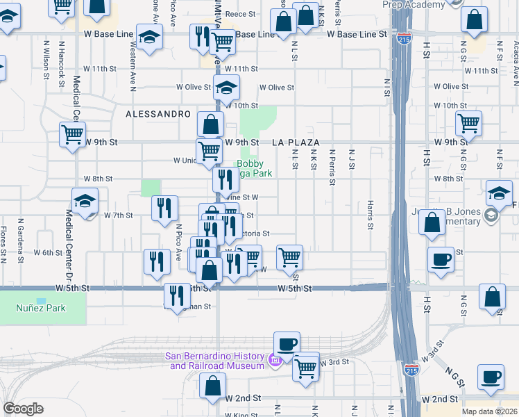 map of restaurants, bars, coffee shops, grocery stores, and more near 1232 Vine Street West in San Bernardino
