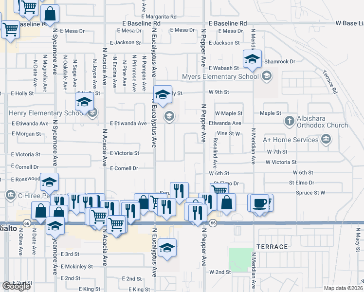 map of restaurants, bars, coffee shops, grocery stores, and more near 741 North Chestnut Avenue in Rialto