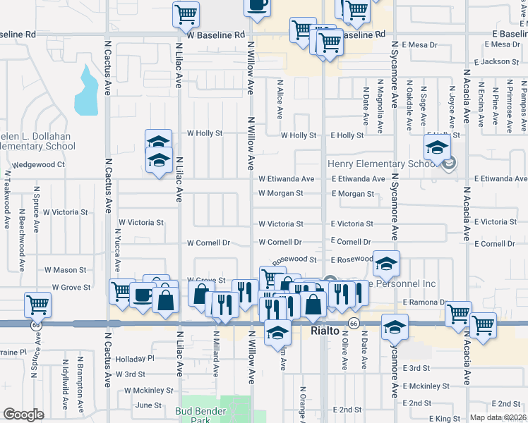 map of restaurants, bars, coffee shops, grocery stores, and more near 219 West Morgan Street in Rialto