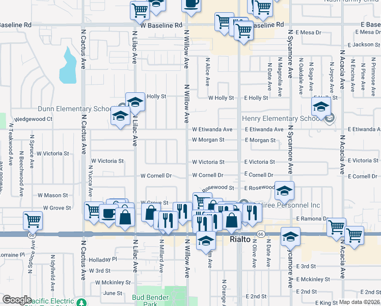 map of restaurants, bars, coffee shops, grocery stores, and more near 746 North Willow Avenue in Rialto
