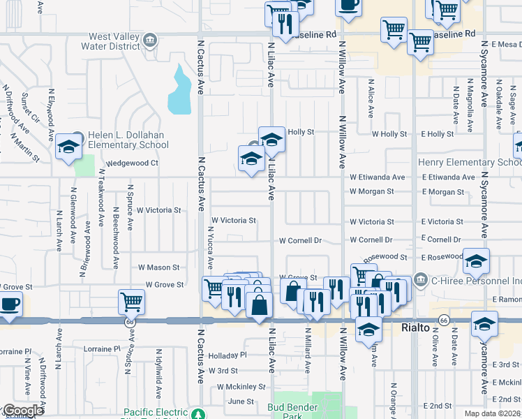 map of restaurants, bars, coffee shops, grocery stores, and more near 750 North Lilac Avenue in Rialto