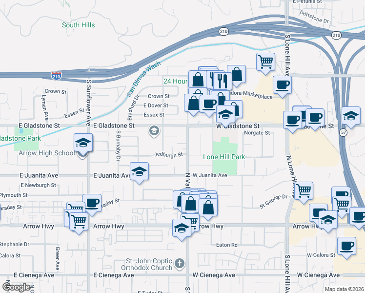 map of restaurants, bars, coffee shops, grocery stores, and more near 1244 East Heather Street in Glendora