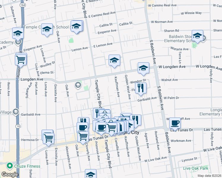 map of restaurants, bars, coffee shops, grocery stores, and more near 6239 Camellia Avenue in Temple City