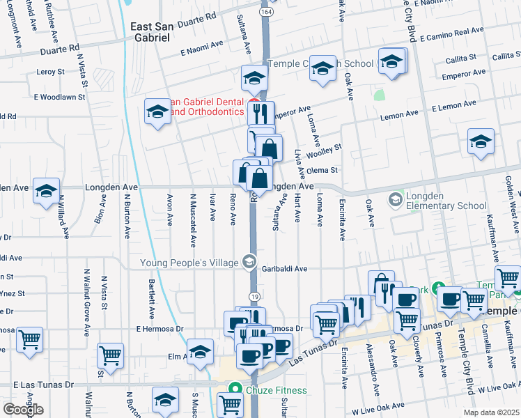 map of restaurants, bars, coffee shops, grocery stores, and more near 9026 Longden Avenue in Temple City