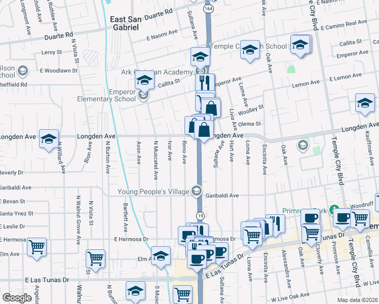 map of restaurants, bars, coffee shops, grocery stores, and more near 6271 Rosemead Boulevard in Temple City