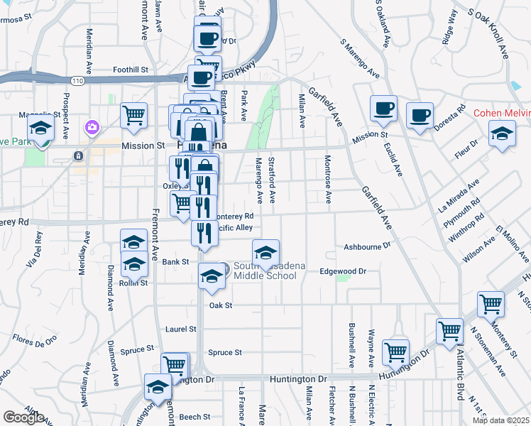 map of restaurants, bars, coffee shops, grocery stores, and more near 1126 Stratford Avenue in South Pasadena