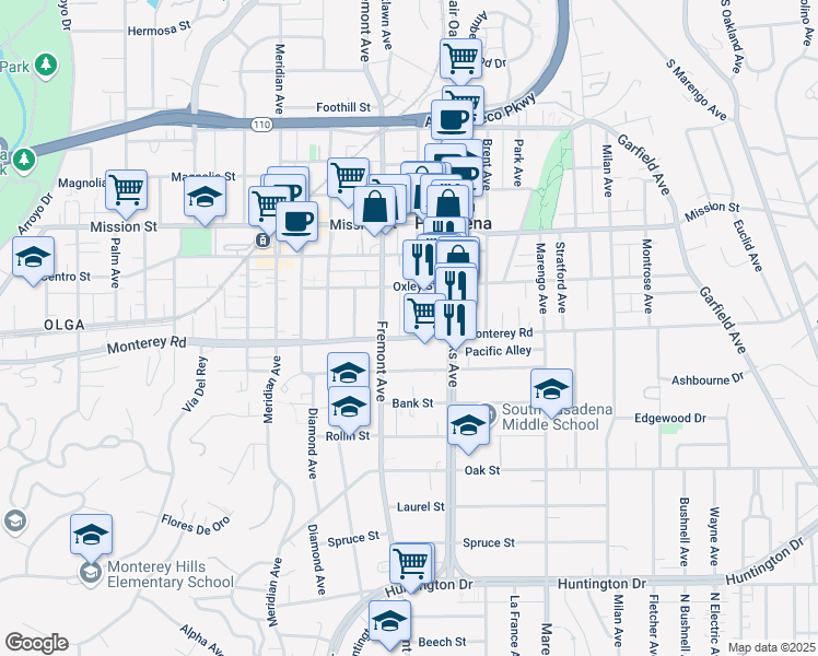 map of restaurants, bars, coffee shops, grocery stores, and more near 1125 Mound Avenue in South Pasadena
