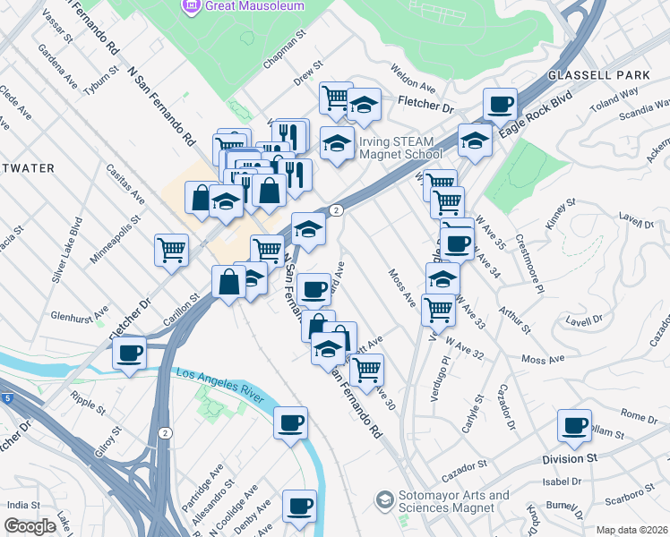map of restaurants, bars, coffee shops, grocery stores, and more near 2911 North San Fernando Road in Los Angeles