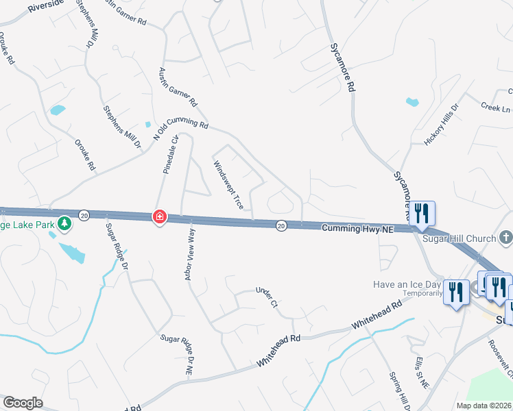 map of restaurants, bars, coffee shops, grocery stores, and more near 925 Garner Spring Lane in Sugar Hill