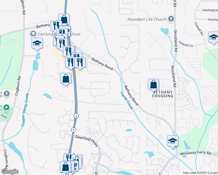 map of restaurants, bars, coffee shops, grocery stores, and more near 13589 Weycroft Circle in Alpharetta