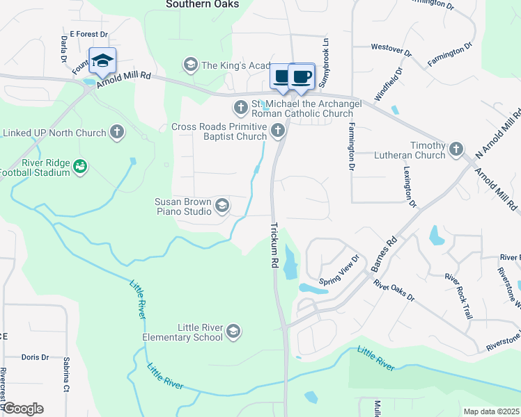 map of restaurants, bars, coffee shops, grocery stores, and more near 104 River Creek Drive in Woodstock