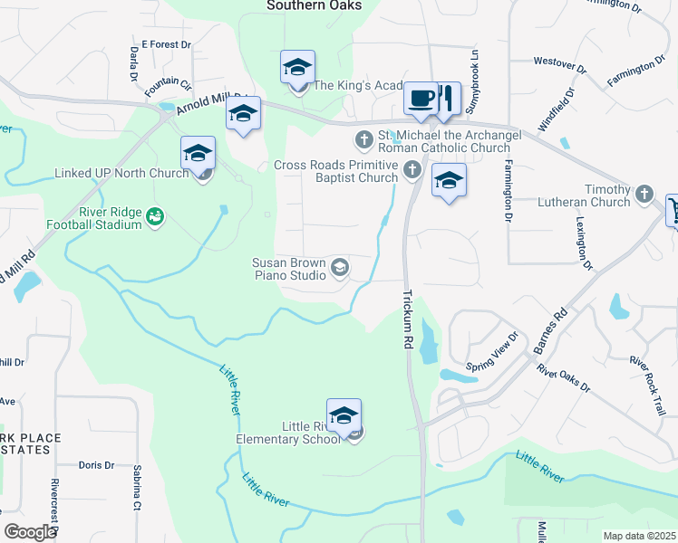 map of restaurants, bars, coffee shops, grocery stores, and more near 115 River Creek Drive in Woodstock