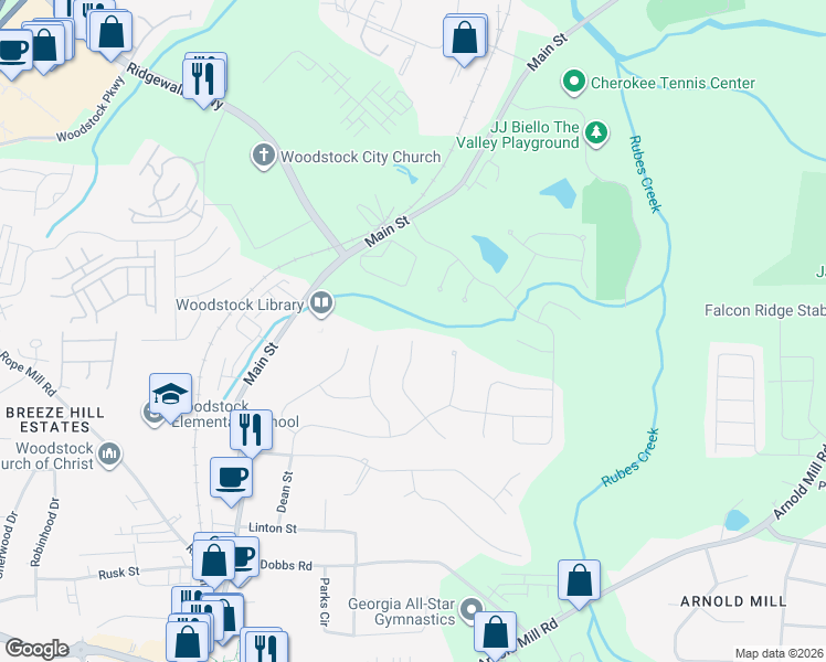 map of restaurants, bars, coffee shops, grocery stores, and more near 632 Oakbourne Way in Woodstock