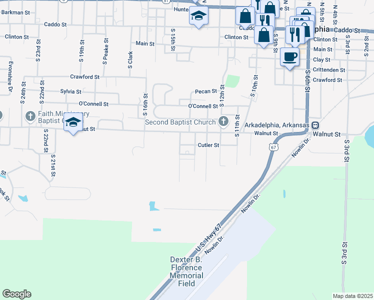 map of restaurants, bars, coffee shops, grocery stores, and more near 1416 Cutler Street in Arkadelphia