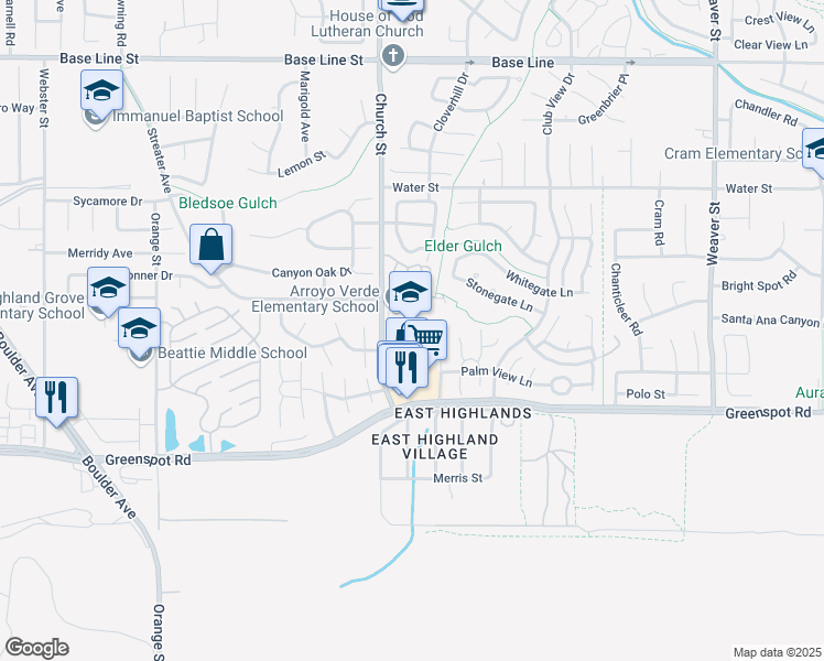 map of restaurants, bars, coffee shops, grocery stores, and more near 7701 Church Street in Highland