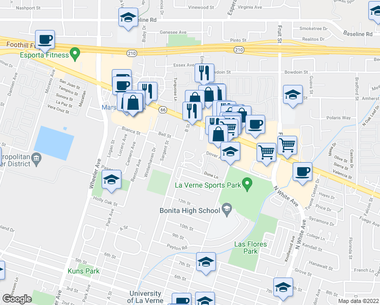 map of restaurants, bars, coffee shops, grocery stores, and more near 1934 Valentine Circle in La Verne