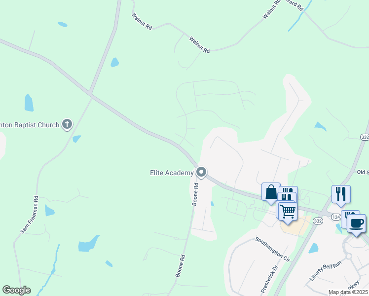 map of restaurants, bars, coffee shops, grocery stores, and more near 6696 Georgia 124 in Hoschton