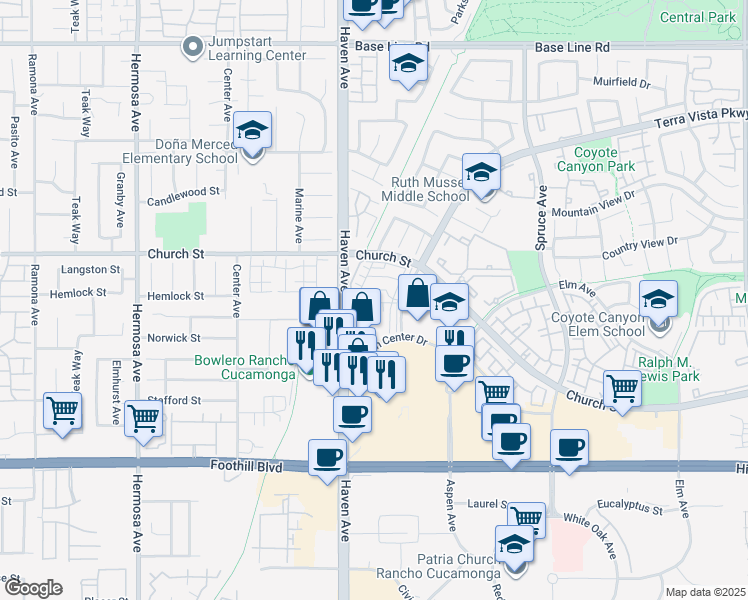 map of restaurants, bars, coffee shops, grocery stores, and more near 10532 Huxley Drive in Rancho Cucamonga
