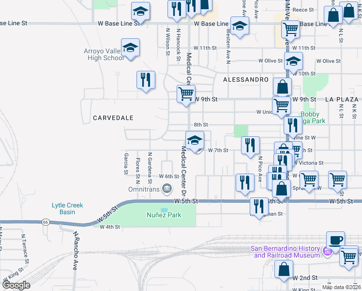 map of restaurants, bars, coffee shops, grocery stores, and more near 1680 Vine Street West in San Bernardino