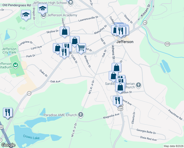 map of restaurants, bars, coffee shops, grocery stores, and more near 225 Borders Street in Jefferson
