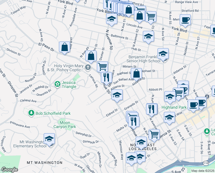 map of restaurants, bars, coffee shops, grocery stores, and more near 768 North Avenue 50 in Los Angeles