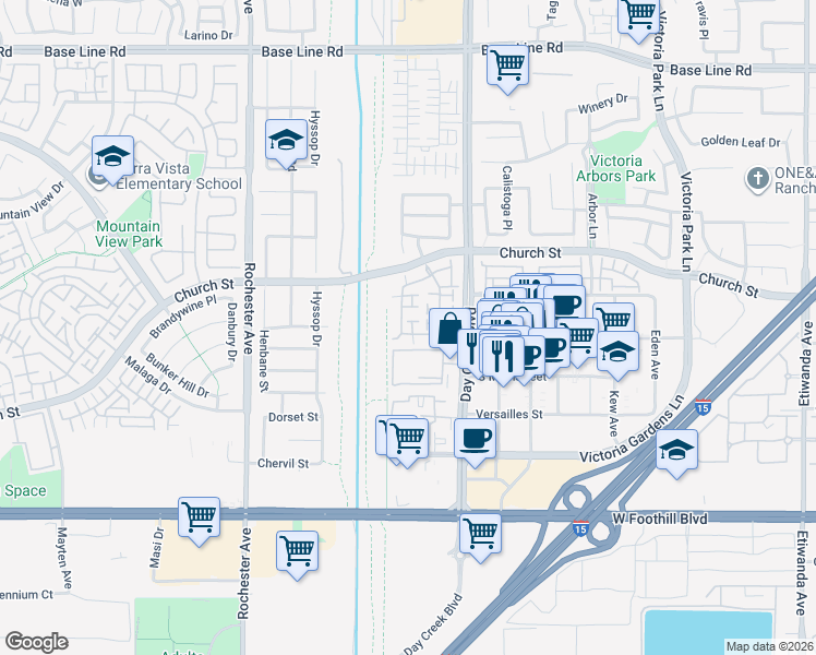 map of restaurants, bars, coffee shops, grocery stores, and more near 12196 North Mainstreet in Rancho Cucamonga