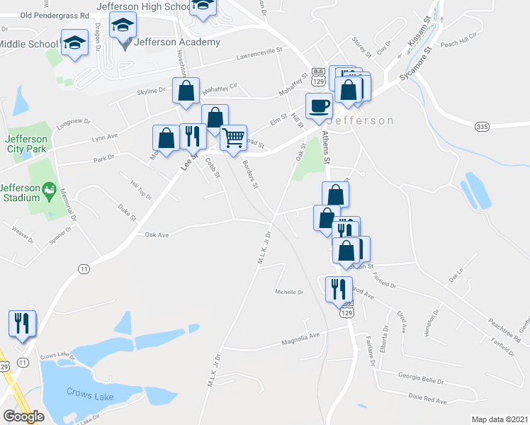 map of restaurants, bars, coffee shops, grocery stores, and more near 225 Borders Street in Jefferson