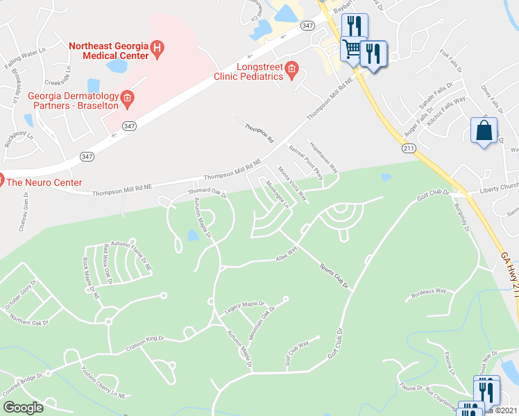 map of restaurants, bars, coffee shops, grocery stores, and more near 2855 Muskogee Lane in Braselton